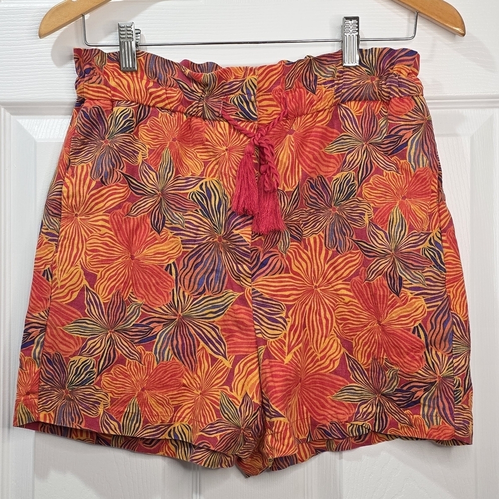 House of Harlow 1960 Red and Orange Floral High Waist Linen Shorts Resortwear S